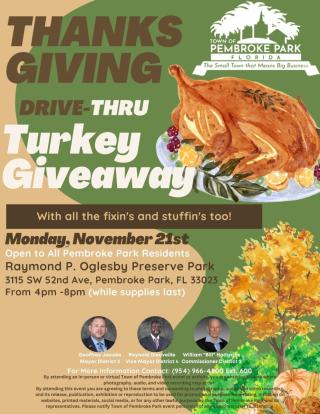 Pembroke Park Annual Turkey Drive, Monday, November 21st, 2022, 4pm to 8pm
